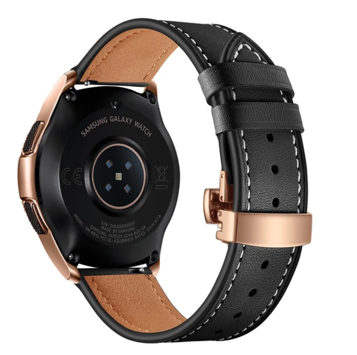 Crna kozna narukvica 20 mm sa rose gold kopcom Samsung Watch 4/5/6 40mm, 42mm, 43mm, 44mm, 46mm, 47mm - Слика 3