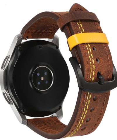 Braon kozna narukvica sa zutim dekorativnim koncem 22 mm Samsung Watch, Huawei Watch, Amazfit Watch